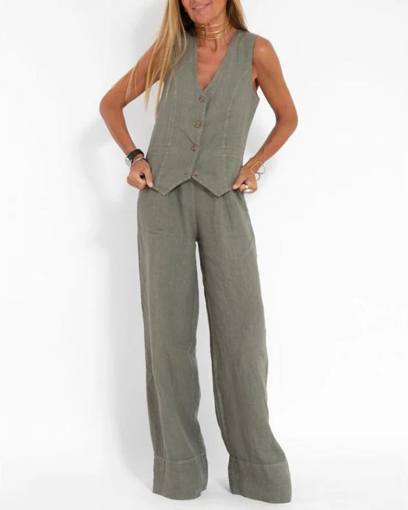 MELIA - Ensemble Chic Sans Manches et Pantalon Large