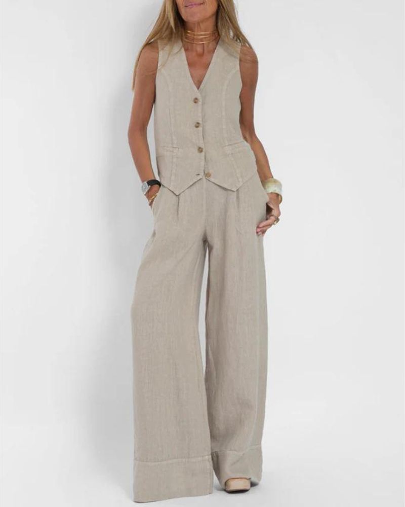 MELIA - Ensemble Chic Sans Manches et Pantalon Large