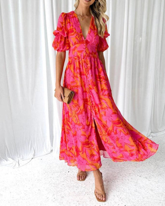 Robe Maxi Fleurie Rouge